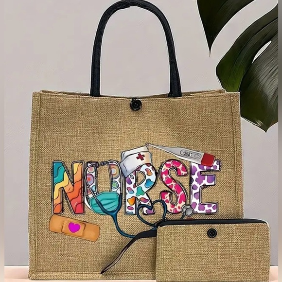 Boutique Handbags - Nurse Graphic Natural Jute Tote Bag with Zip Pouch